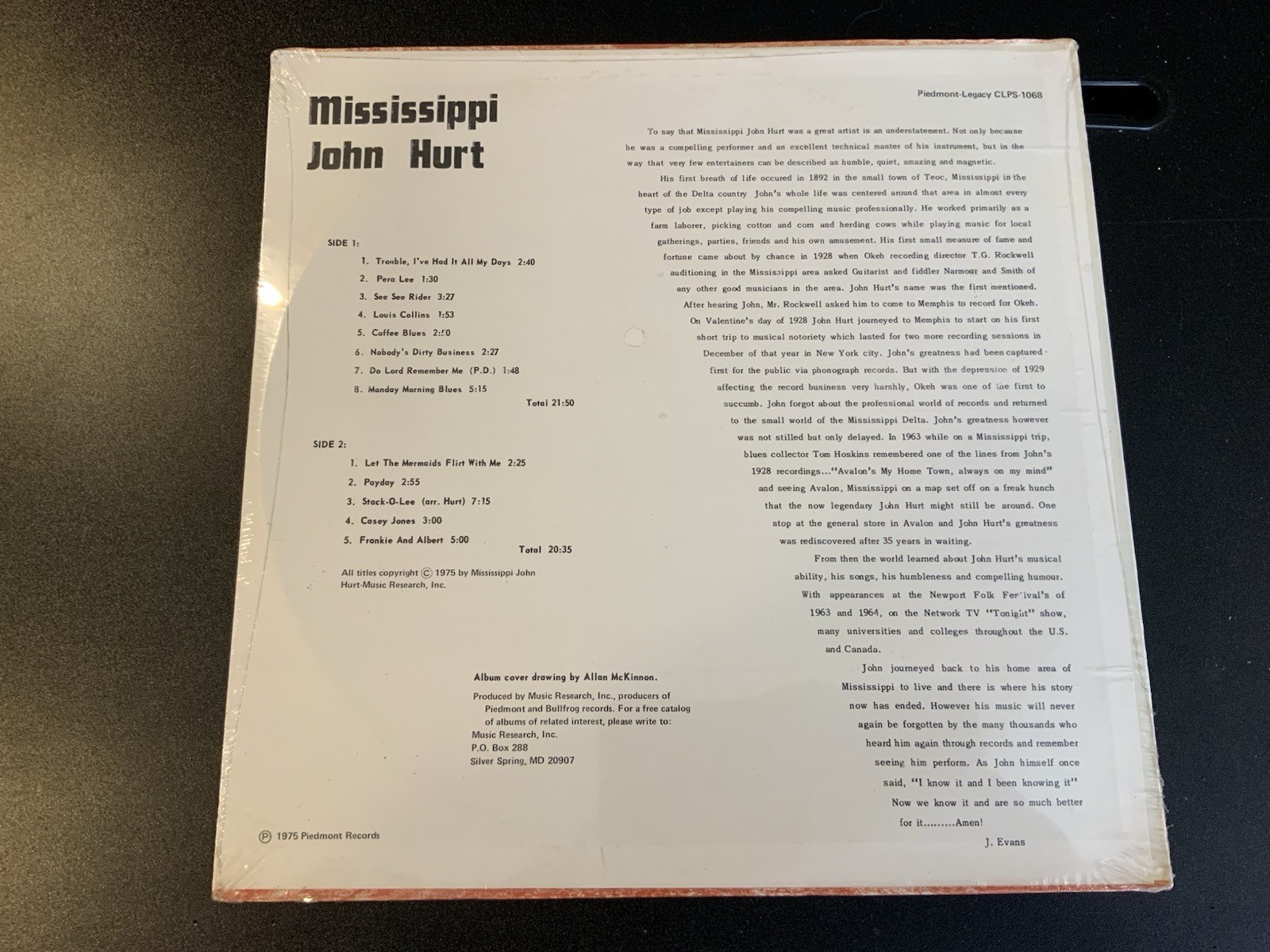 MISSISSIPPI JOHN HURT Vol One Of A Legacy CLPS1068 LP Vinyl NEW SEALED - Image 2