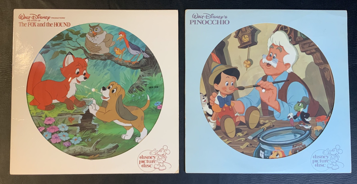 2 Vintage Walt Disney Picture Disc Pinocchio & The Fox and the Hound Vinyl NICE